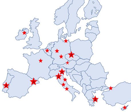 A map of europe, marked with the locations of FlowISiAM partners.
