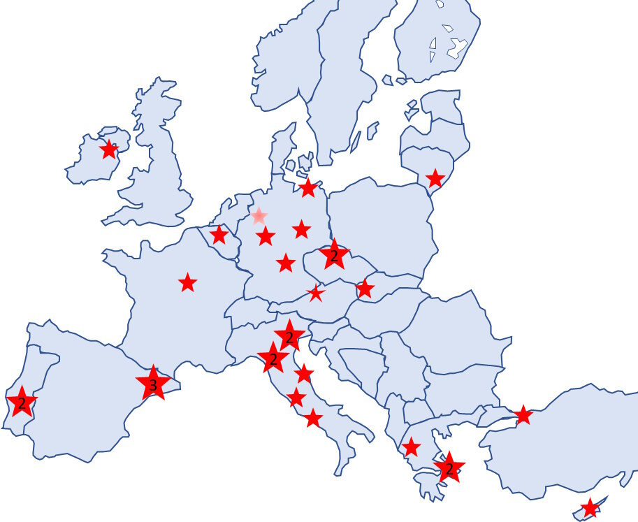 A map of europe, marked with the locations of FlowISiAM partners.